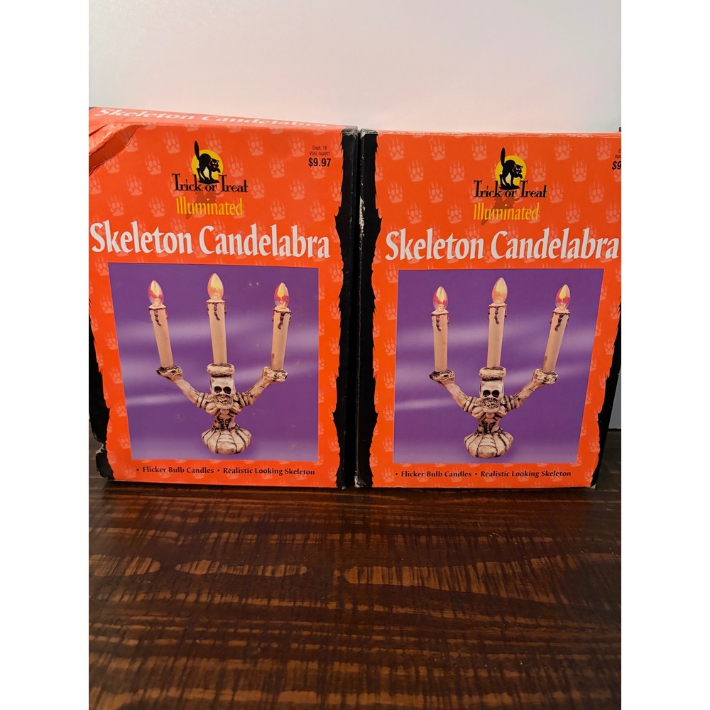 Vintage Halloween Illuminated Skeleton Candelabra (2) Flicker Lightbulbs NEW